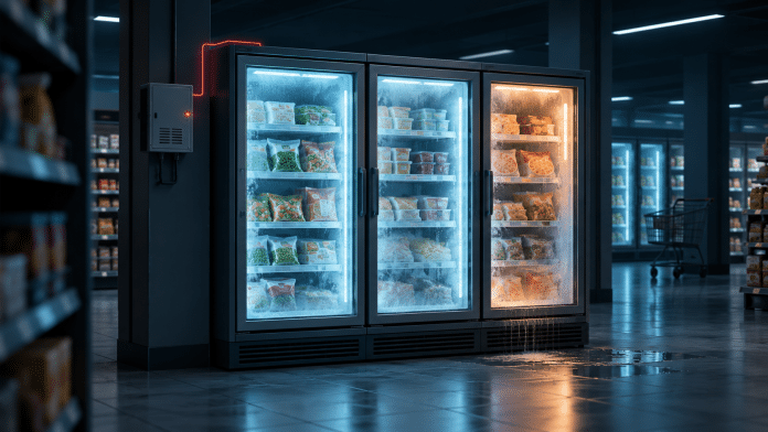 Conceptual illustration of supermarket freezers, with one cabinet glowing warm beside a refrigeration control panel.