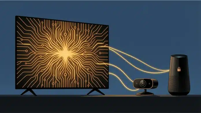 Conceptual illustration of glowing paths from a smart TV toward a camera and speaker